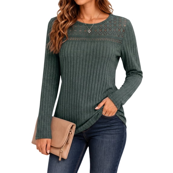 Women's Long Sleeve Ribbed Knit Tops Crew Neck Lace Crochet Casual Tunic Shirts for Fall Daily Work Wear