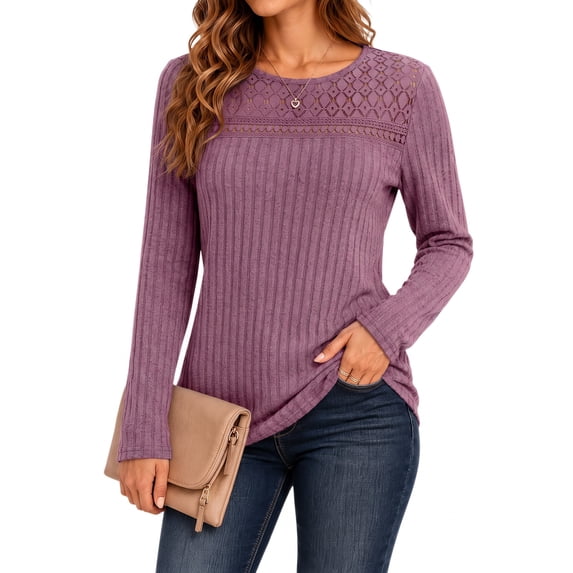Women's Long Sleeve Ribbed Knit Tops Crew Neck Lace Crochet Casual Tunic Shirts for Fall Daily Work Wear