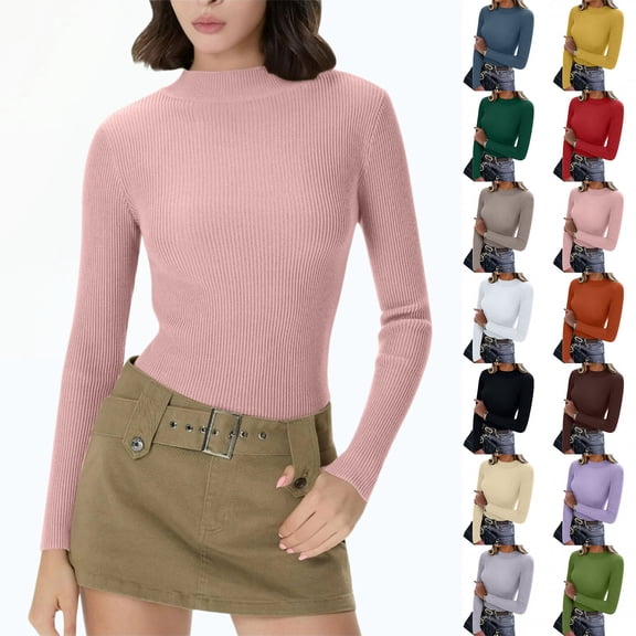 Women's Long Sleeve Ribbed Knit Turtleneck Sweater, Slim Fit Thermal Base Layer Top, 14 Colors