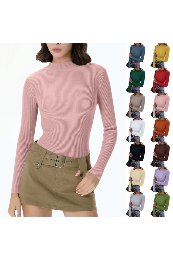 Women's Long Sleeve Ribbed Knit Turtleneck Sweater, Slim Fit Thermal Base Layer Top, 14 Colors