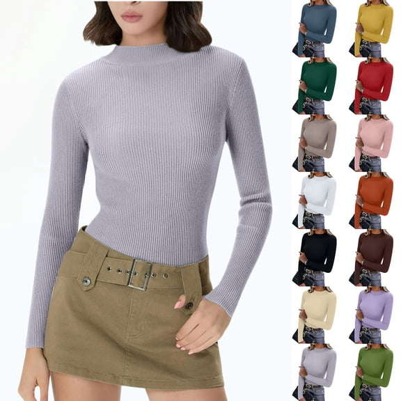 Women's Long Sleeve Ribbed Knit Turtleneck Sweater, Slim Fit Thermal Base Layer Top, 14 Colors