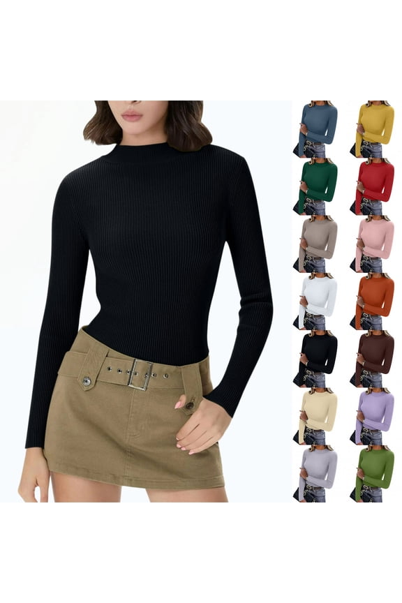 Women's Long Sleeve Ribbed Knit Turtleneck Sweater, Slim Fit Thermal Base Layer Top, 14 Colors