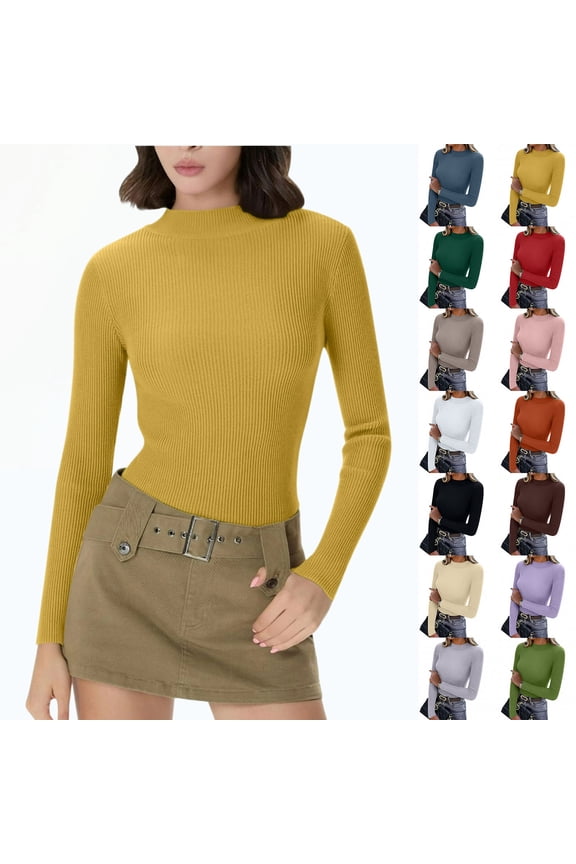 Women's Long Sleeve Ribbed Knit Turtleneck Sweater, Slim Fit Thermal Base Layer Top, 14 Colors