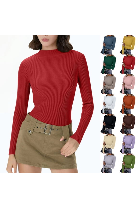 Women's Long Sleeve Ribbed Knit Turtleneck Sweater, Slim Fit Thermal Base Layer Top, 14 Colors