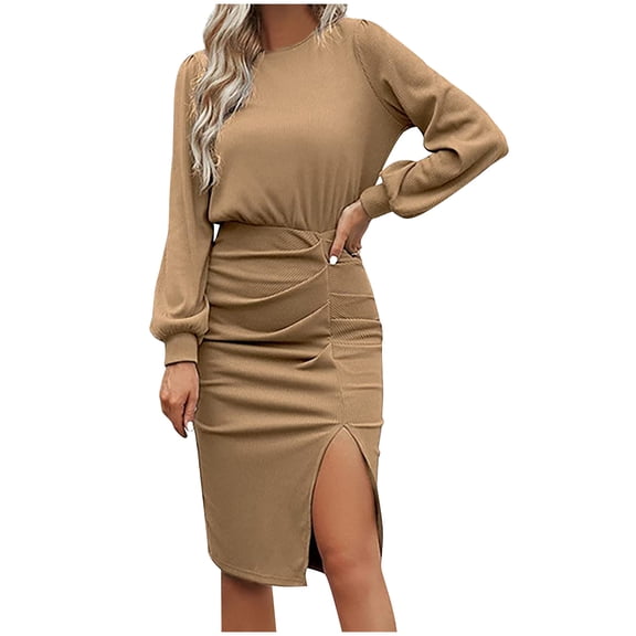 Women's Long Sleeve Ribbed Ruched Slim Fitted Midi Dress Solid Crewneck Side Slit Elegant Formal Dress for Casual Work