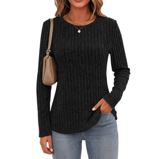 Women's Long Sleeve Ribbed Tunic Tops Crew Neck Brushed Soft Knit Shirts Slim Fit Casual Tee for Work Daily Fall Wear