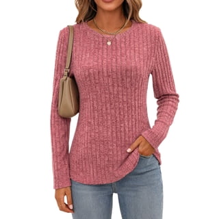 Women's Long Sleeve Ribbed Tunic Tops Crew Neck Brushed Soft Knit Shirts Slim Fit Casual Tee for Work Daily Fall Wear