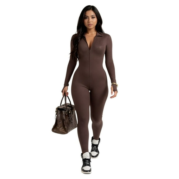 Women’s Long Sleeve Ribbed Zip Up Jumpsuit – Slim Fit Stretchy Bodycon Romper for Workout Lounge Clubwear