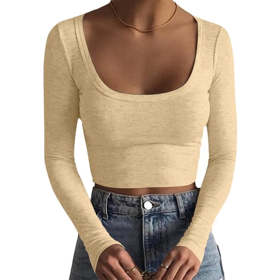 Women's Long Sleeve Ribber Knit Sweater, Squares Neck Cropped Tops, Slim Fitted Casual Basic Blouse Tee Beige XL