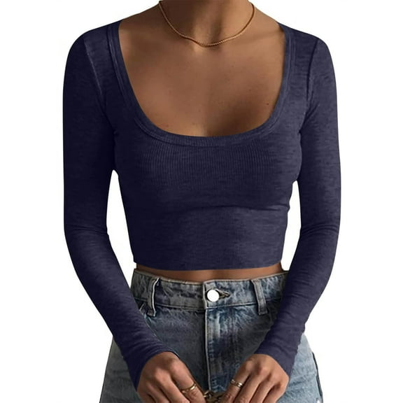 Women's Long Sleeve Ribber Knit Sweater, Squares Neck Cropped Tops, Slim Fitted Casual Basic Blouse Tee Navy XXL