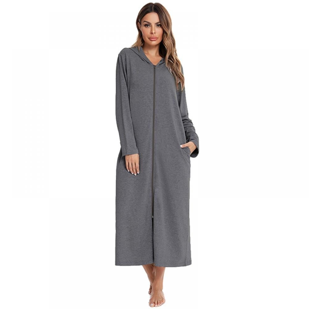 Women's Long Sleeve Robes Zip Front Nightgowns Cotton Loose Housecoat