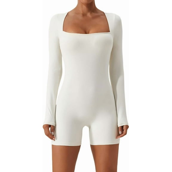 Women's Long Sleeve Rompers Sexy Square Neck Bodycon Jumpsuit Stretchy Unitard One Piece Seamless Shapewear