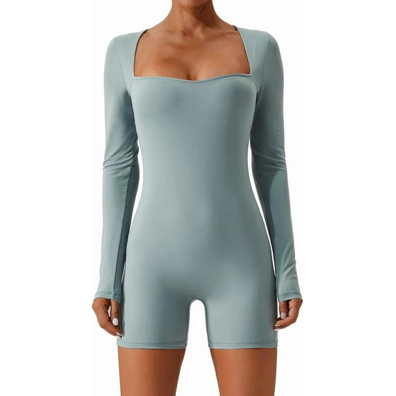 Women's Long Sleeve Rompers Sexy Square Neck Bodycon Jumpsuit Stretchy Unitard One Piece Seamless Shapewear