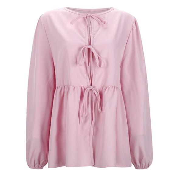 Women's Long Sleeve Round Neck Bow Tie Blouse Elegant Versatile Casual Wear Comfortable Stretch Fabric