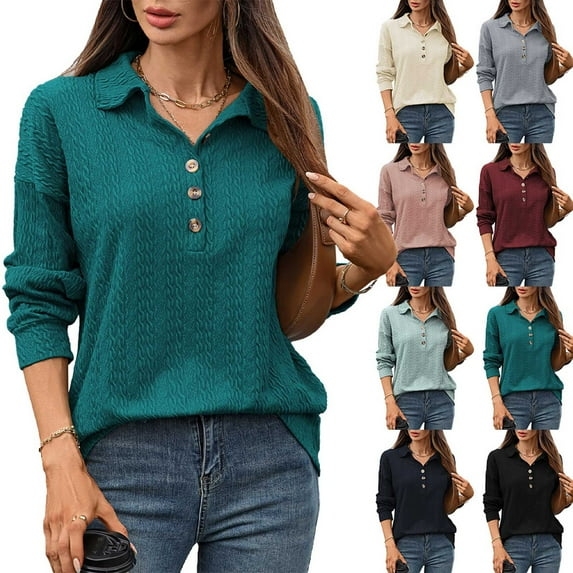 Women's Long Sleeve Round Neck Button Down Blouse Tops Shirts Solid Color Casual Loose Fit Tunic for Work Office Business Casual Daily Wear Fashion Essential Gift for Women