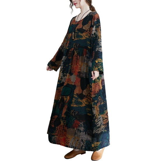 Women's Long Sleeve Round Neck Floral Printed Bohemian Vintage Dress GA2452 Dark Brown