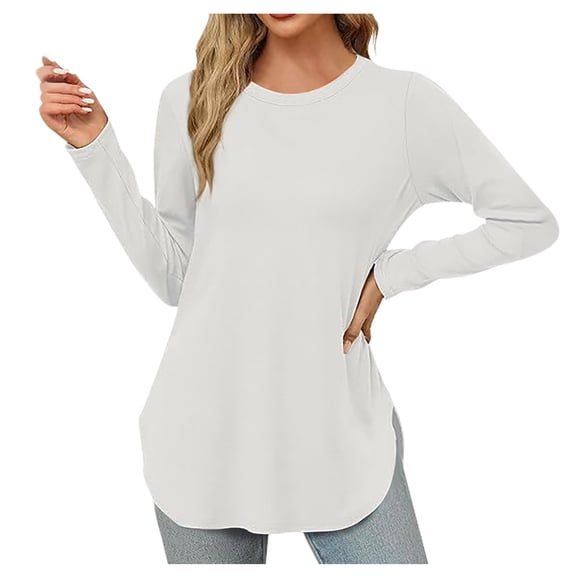 Women's Long Sleeve Round Neck Loose Fit Tunic Top – Casual Comfy Baggy Blouse with Side Split, Basic 2025 Style