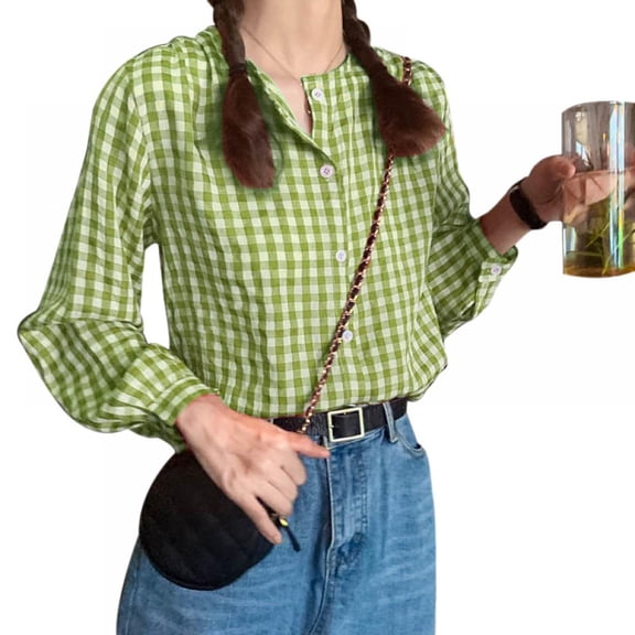 Women's Long Sleeve Round Neck Plaid Shirt Blouse Tops