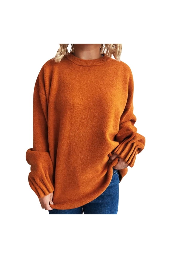 Women's Long Sleeve Round Neck Pleated Pullover Sweater Solid Color Casual Top Comfortable Fit Work or Home