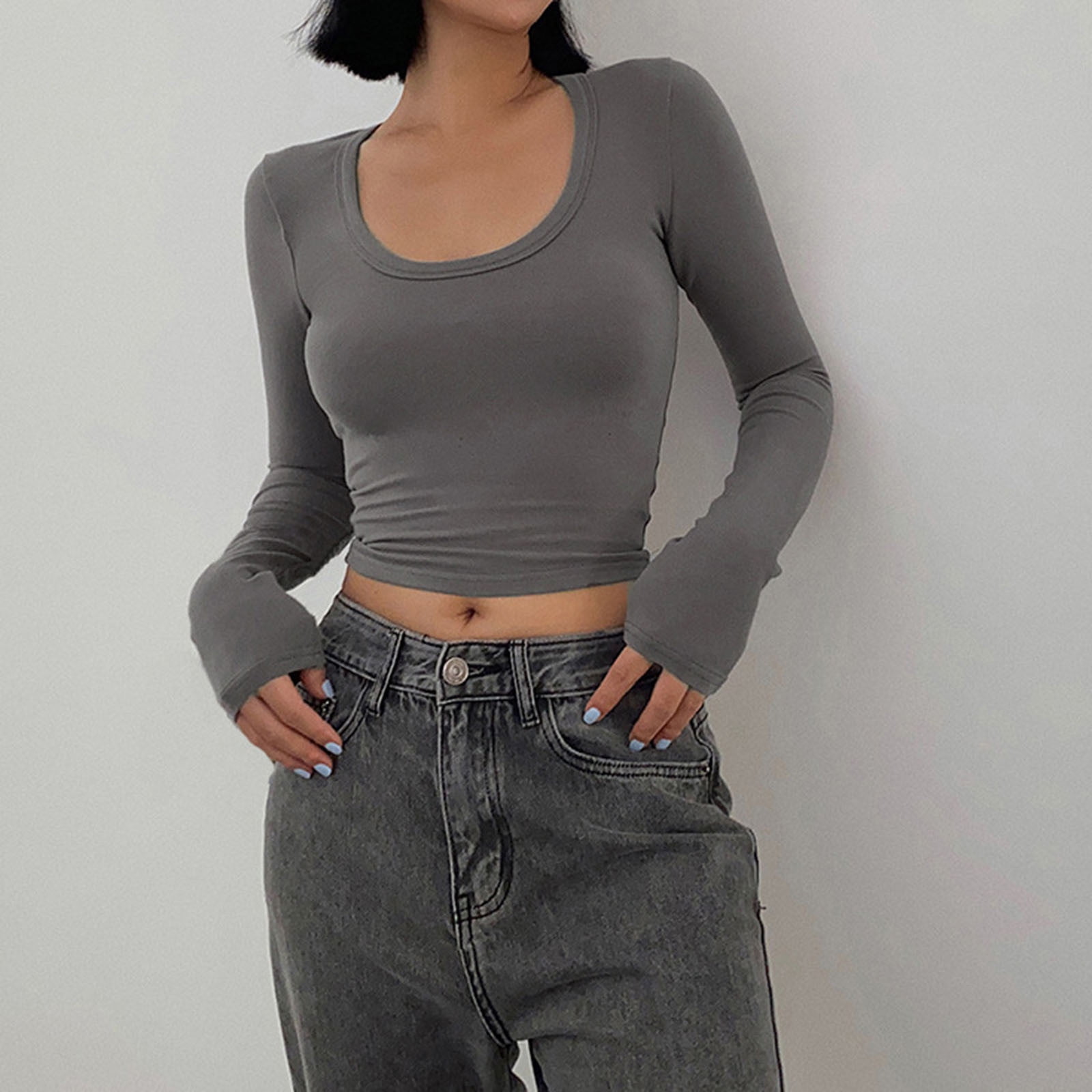 Women's Long Sleeve Round Neck Ribbed Knit Slim Fitted Casual Basic Crop Top