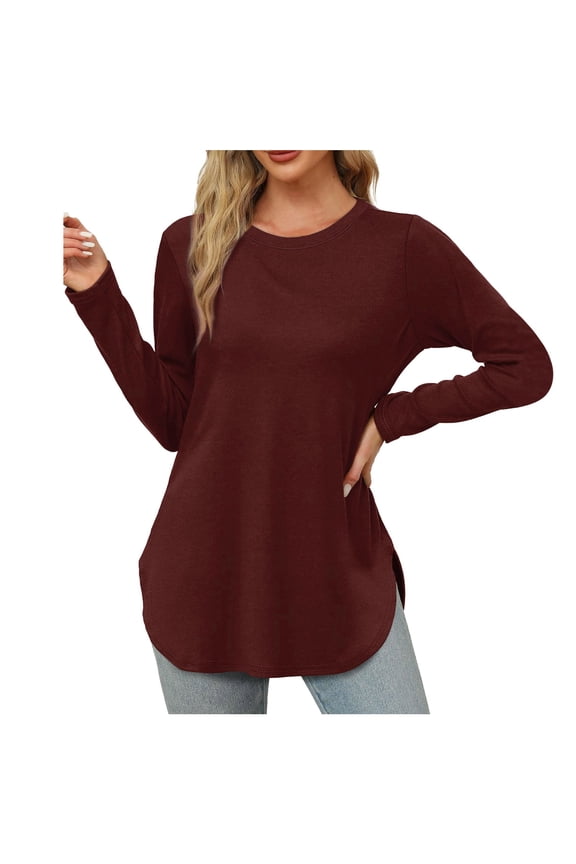 Women's Long Sleeve Round Neck Side Split Tunic Top - Loose Fit Casual Basic Shirt