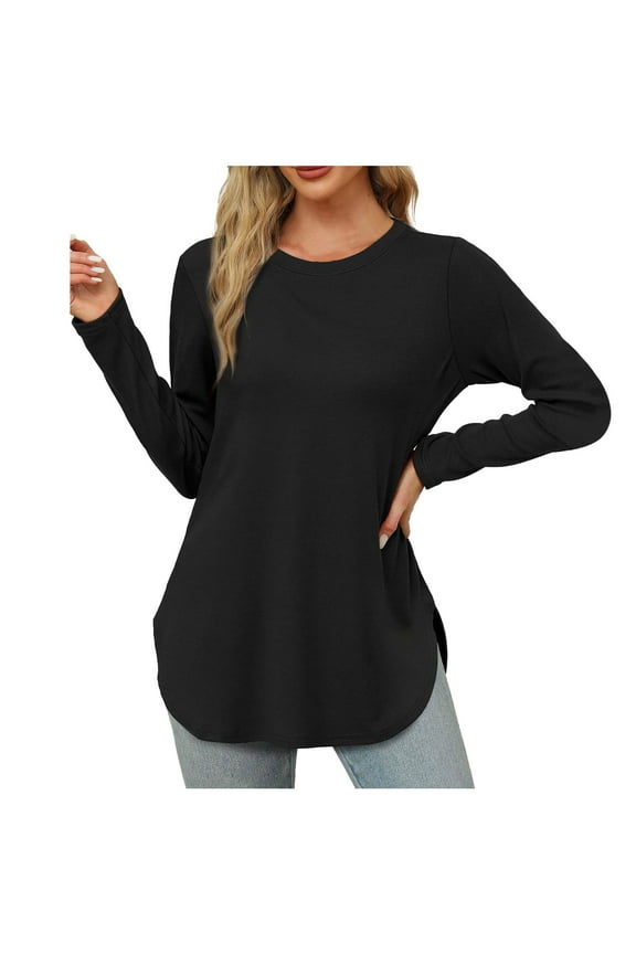 Women's Long Sleeve Round Neck Side Split Tunic Top - Loose Fit Casual Basic Shirt