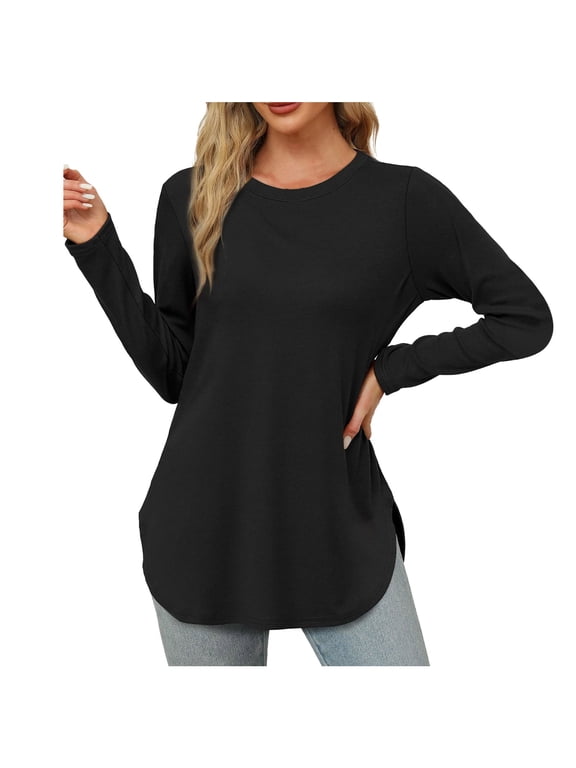 Women's Long Sleeve Round Neck Side Split Tunic Top - Loose Fit Casual Basic Shirt