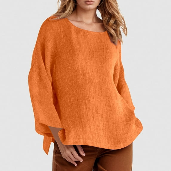 Women's Long Sleeve Round Neck Solid Color Loose Fit Casual Shirt Tops Women V Neck Shirts for Women Casual Raglan Tee Cute Tees Women Button down Workout Womens T Shirts 3/4 Length Sleeve Shirts for