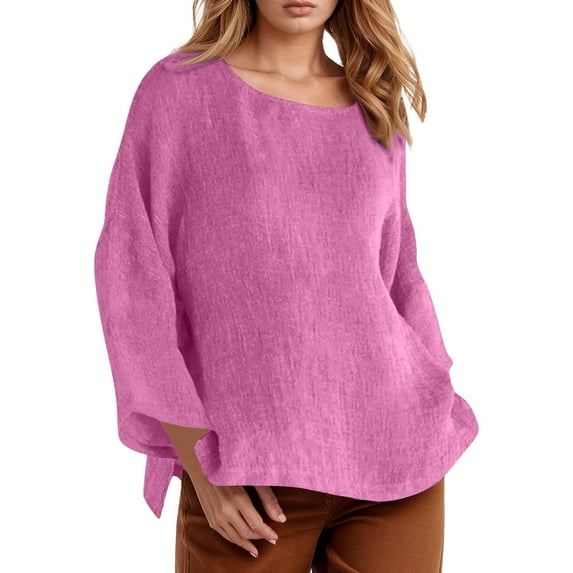 Women's Long Sleeve Round Neck Solid Color Loose Fit Casual Shirt