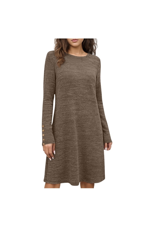 Women's Long Sleeve Round Neck Solid Dress Button Cuffs Loosen Casual Shift Dress Ideal For Spring Summer Daily Comfort Wear