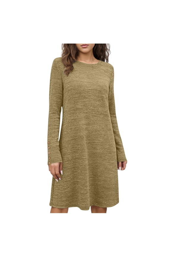 Women's Long Sleeve Round Neck Solid Dress Button Cuffs Loosen Casual Shift Dress Ideal For Spring Summer Daily Comfort Wear