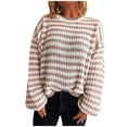 thumbnail image 1 of Women's Long Sleeve Round Neck Striped Printed Casual Loose Knitted Sweater, 1 of 4