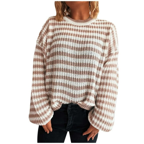 Women's Long Sleeve Round Neck Striped Printed Casual Loose Knitted Sweater