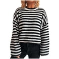 thumbnail image 1 of Women's Long Sleeve Round Neck Striped Printed Casual Loose Knitted Sweater, 1 of 4