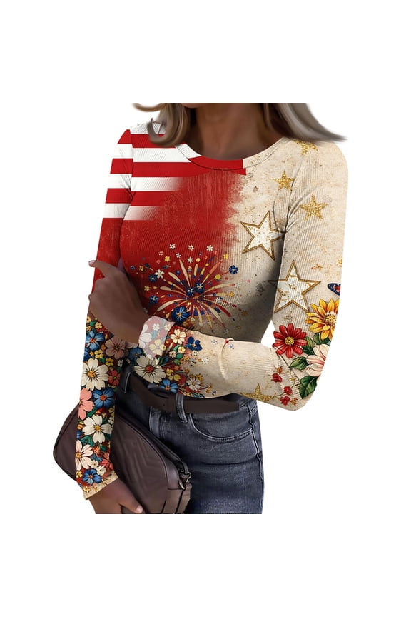 Women’s Long Sleeve Round Neck Top with Mixed Print Pattern Floral Firework Star and Stripe Design Casual Pullover Blouse Beige L