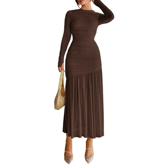 Women's Long Sleeve Ruched Bodycon Maxi Dress Elegant Fitted Ruffle Hem Party Evening Dress