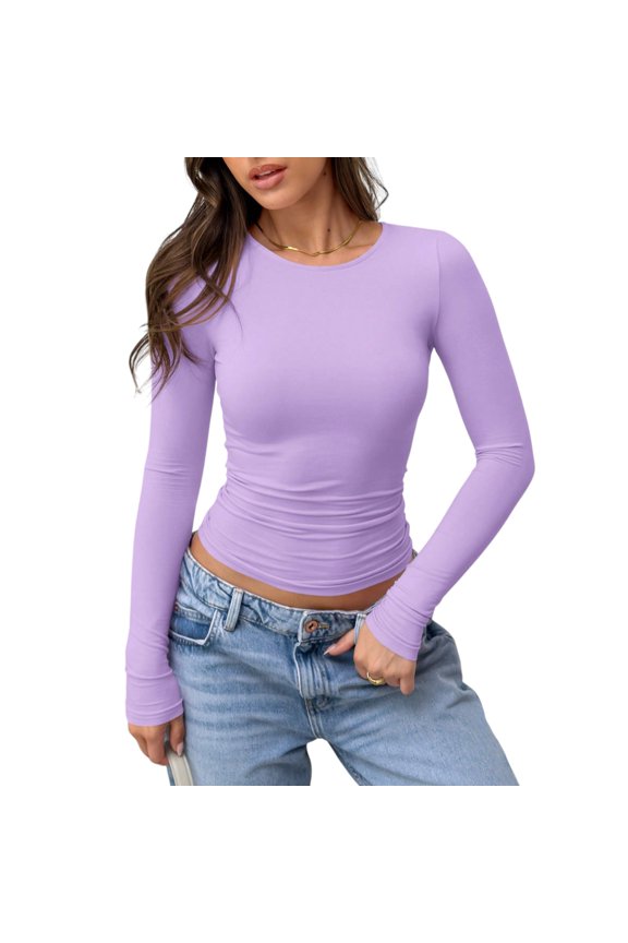 Women’s Long Sleeve Ruched Crew Neck Slim Fit T-Shirt – Casual Elegant Fitted Top for Daily Wear Layering