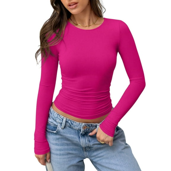 Women’s Long Sleeve Ruched Crew Neck Slim Fit T-Shirt – Casual Elegant Fitted Top for Daily Wear Layering