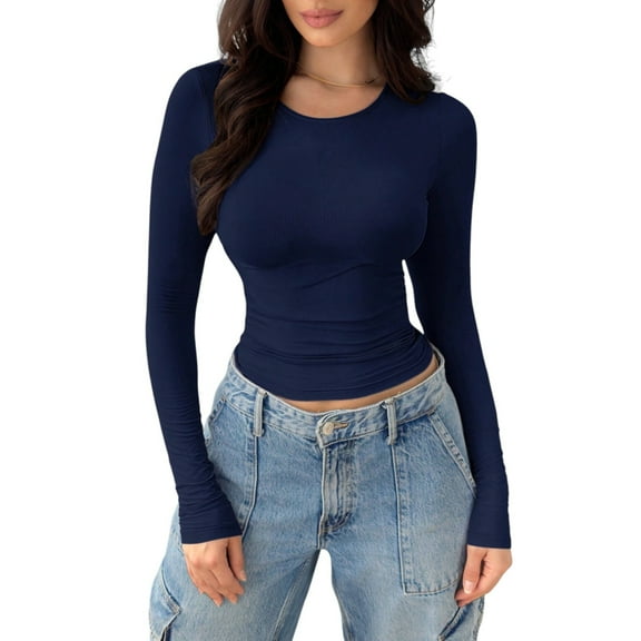 Women’s Long Sleeve Ruched Crew Neck Slim Fit T-Shirt – Casual Elegant Fitted Top for Daily Wear Layering