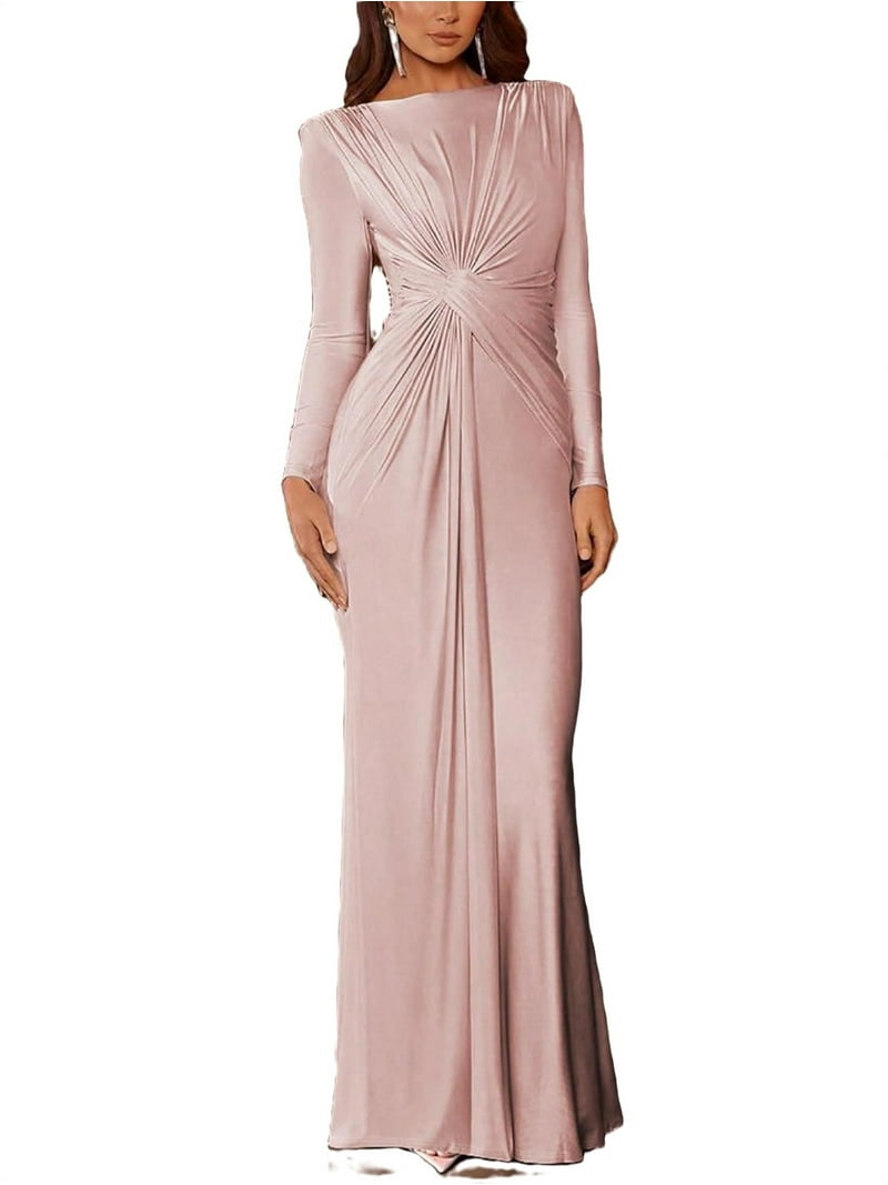 Women's Long Sleeve Ruched Round Neck Long Dress Plain Stretch