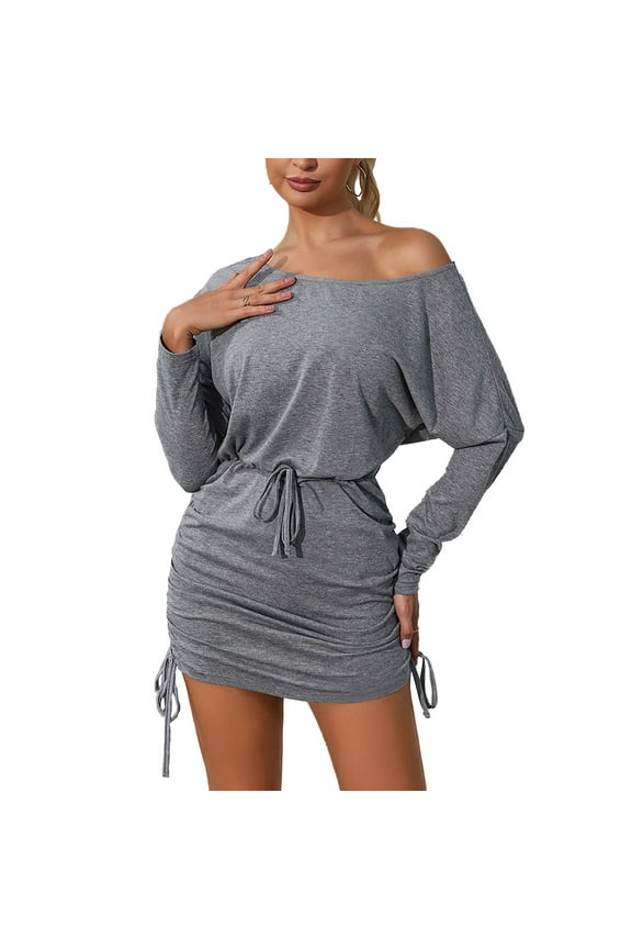 Women's Long Sleeve Ruffle Off Shoulder Midi Dress with Batwing Sleeves, Made of 95% Polyester, Relaxed Fit, for Fall & Casual Occasions, S XL Sizes