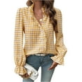 thumbnail image 1 of Women’s Long Sleeve Ruffle Shirt – Plaid V-Neck Button Down Blouse, Casual Loose Fit Gingham Top for Daily, Office, School, or Weekend Outfits Yellow, 1 of 8