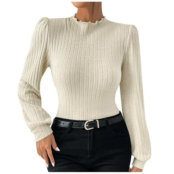 Women's Long Sleeve Ruffled Neck Shrug Slim Fit Ribbed Knit Tops Slim Fit Stretchy Solid Trendy Undershirt Pullovers Khaki2,L
