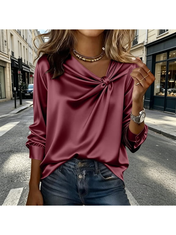 Women's Long Sleeve Satin Blouse Knot V Neck Smoothing Shirts Loose Elegant Dressy Tops for Office Wedding Daily Wear Wine XXL