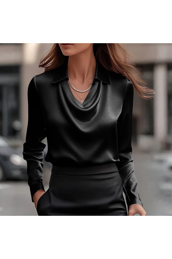 Women's Long Sleeve Satin Cowl Neck Blouse Elegant Office Pullover Top Work Casual Dressy Shirts Black 2XL