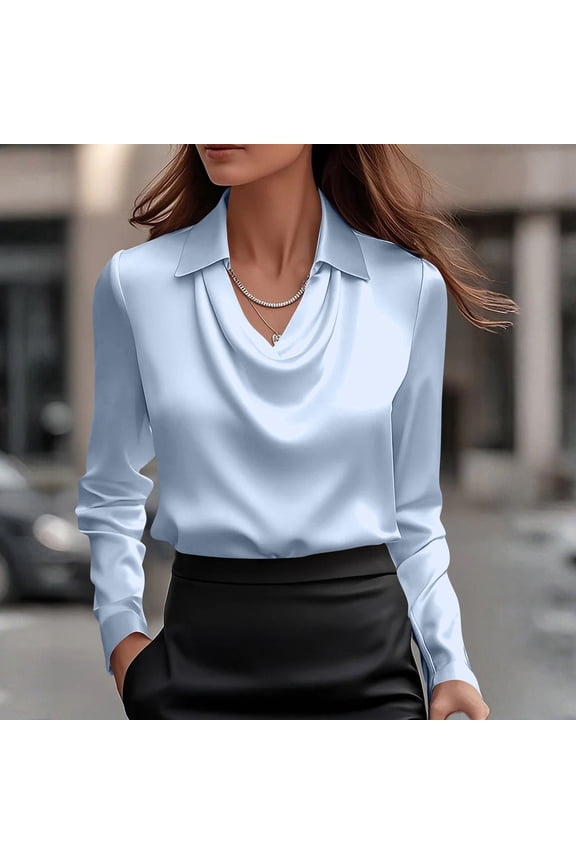 Women's Long Sleeve Satin Cowl Neck Blouse Elegant Office Pullover Top Work Casual Dressy Shirts Blue L