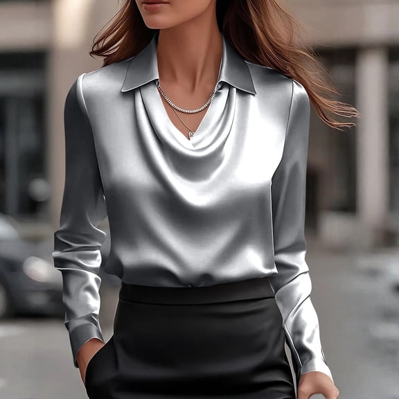 Women's Long Sleeve Satin Cowl Neck Blouse Elegant Office Pullover Top Work Casual Dressy Shirts Gray M