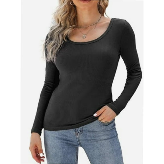 Women's Long Sleeve Scoop Neck Shirts Casual Slim Fit Tops Summer Fall Basic Business Work Tee