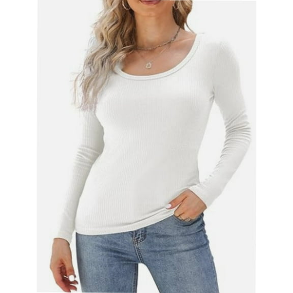 Women's Long Sleeve Scoop Neck Shirts Casual Slim Fit Tops Summer Fall Basic Business Work Tee
