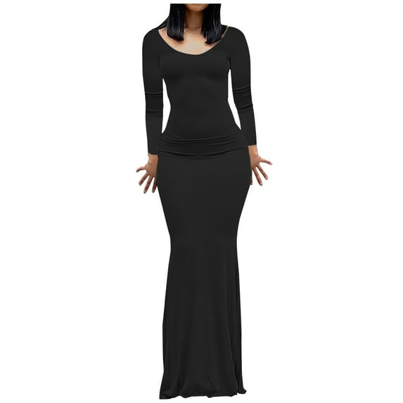 Women's Long Sleeve Scoop Neck Slim Fitted Maxi Long Dress Solid Color Stretchy Floor Length Mermaid Long Dress